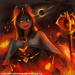 Size: 2880x2880 | Tagged: safe, artist:sforcetheartist, oc, oc only, oc:ayzat, anthro, dark, fire, infinite eclipse, jycrow, solo, wand