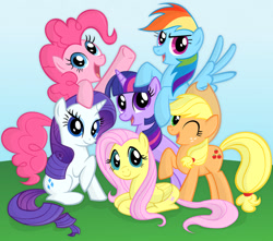 Size: 900x794 | Tagged: safe, artist:buggzz, applejack, fluttershy, pinkie pie, rainbow dash, rarity, twilight sparkle, earth pony, pegasus, pony, unicorn, g4, 2012, female, group, group photo, horn, mane six, mane six opening poses, mare, one eye closed, raised hoof, sextet, speedpaint available, unicorn twilight, wink