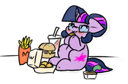 Size: 1280x842 | Tagged: safe, artist:zutcha, sci-twi, twilight sparkle, pony, unicorn, g4, blush sticker, blushing, burger, cheeseburger, chicken meat, chicken nugget, cute, dipping sauce, drink, eating, eyes closed, female, floppy ears, food, french fries, hamburger, hoof hold, horn, mare, mcdonald's, mcnugget, meat, ponies eating meat, sci-twiabetes, simple background, sitting, smiling, solo, that pony sure does love burgers, twiabetes, twilight burgkle, unicorn sci-twi, weapons-grade cute, white background