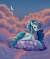 Size: 3800x4500 | Tagged: safe, artist:sshakess, oc, oc only, pegasus, pony, absurd resolution, cloud, crescent moon, female, lying down, lying on a cloud, mare, moon, on a cloud, prone, sky background, smiling, solo, sploot