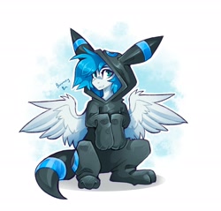 Size: 2479x2366 | Tagged: safe, artist:buvanybu, oc, oc only, pegasus, pony, umbreon, clothes, costume, kigurumi, looking at you, pokémon, simple background, solo, spread wings, white background, wings