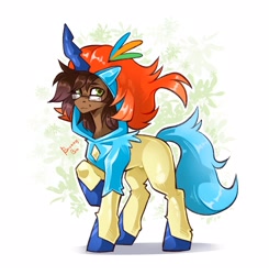 Size: 2116x2160 | Tagged: safe, artist:buvanybu, oc, oc only, oc:be sharp, earth pony, keldeo, pony, clothes, costume, glasses, horn, kigurumi, looking at you, mythical pokémon, pokémon, simple background, solo, white background