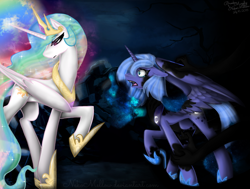 Size: 1024x773 | Tagged: safe, artist:nekomellow, princess celestia, princess luna, alicorn, lullaby for a princess, g4, darkness, duo, duo female, ethereal mane, female, jewelry, mare, raised hoof, regalia, royal sisters, s1 luna, siblings, sisters