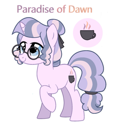 Size: 1129x1194 | Tagged: safe, artist:rarityflower, oc, oc only, oc:paradise of dawn, pony, unicorn, g4, female, glasses, horn, mare, offspring, parent:jet set, parent:upper crust, parents:upperset, simple background, solo, white background