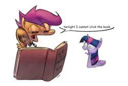 Size: 3387x2285 | Tagged: safe, artist:cryena/bowacunga, scootaloo, twilight sparkle, alicorn, pegasus, pony, g4, book, boomer humor, duo, female, filly, foal, mare, narrowed eyes, shocked, shocked expression, simple background, speech bubble, tapping, the art of war, twilight sparkle (alicorn), white background