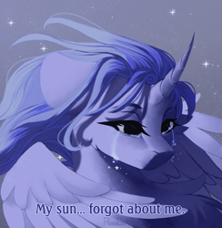 Size: 1895x1944 | Tagged: safe, artist:rinnaso, princess luna, alicorn, pony, g4, bust, caption, crying, curved horn, female, horn, mare, partially open wings, portrait, s1 luna, sad, solo, sparkles, teary eyes, text, wings