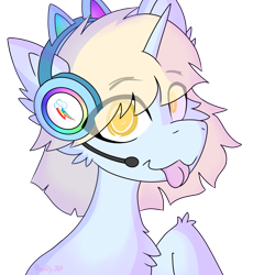 Size: 3072x3072 | Tagged: safe, artist:vinyvitz, derpibooru exclusive, oc, oc only, oc:aria taitava, unicorn, :p, bust, cat ears, chest fluff, clipping, close-up, ear fluff, hair over one eye, headset, horn, looking at you, mlem, silly, simple background, solo, tongue out, transparent background