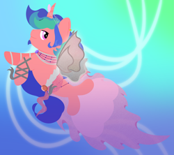 Size: 3465x3079 | Tagged: safe, artist:kosmiktym, oc, oc only, oc:stardew-serandite, alicorn, fairy, pony, seapony (g4), curved horn, dorsal fin, fairy wings, fin, fish tail, flowing mane, gradient background, horn, ocean, seaponified, smiling, solo, species swap, swimming, tail, underwater, water, wings