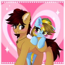 Size: 1974x1978 | Tagged: safe, artist:arllistar, oc, oc only, oc:blitz shadow, oc:lucky bolt, earth pony, pegasus, pony, backwards ballcap, baseball cap, blushing, bow, cap, commission, couple, duo, duo male and female, female, hair bow, hat, heart, heart background, looking at each other, looking at someone, male, pentagram, shipping, straight, ych result