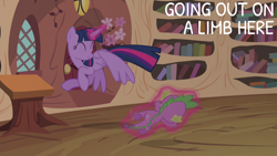 Size: 2000x1125 | Tagged: safe, edit, edited screencap, editor:quoterific, screencap, spike, twilight sparkle, alicorn, dragon, pony, g4, season 4, three's a crowd, duo, duo male and female, female, golden oaks library, magic, male, smiling, telekinesis, twilight sparkle (alicorn), wingless spike