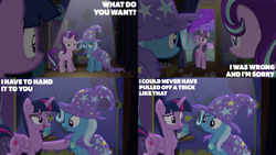 Size: 2000x1125 | Tagged: safe, edit, edited screencap, editor:quoterific, screencap, starlight glimmer, trixie, twilight sparkle, alicorn, g4, my little pony: friendship is magic, no second prances, female, mare, personal space invasion, playing card, trio, trio female, twilight sparkle (alicorn)