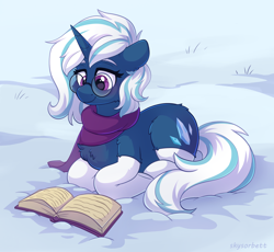 Size: 2588x2376 | Tagged: safe, artist:skysorbett, oc, oc only, oc:snowy smarty, pony, unicorn, book, clothes, digital art, eyebrows, female, glasses, horn, lying down, ponyloaf, prone, reading, round glasses, scarf, snow, socks, solo