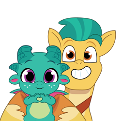 Size: 900x900 | Tagged: safe, artist:prixy05, hitch trailblazer, sparky sparkeroni, dragon, earth pony, pony, g5, my little pony: tell your tale, baby, baby dragon, cute, duo, duo male, heart hands, hitchbetes, holding a baby, holding a dragon, holding a sparky, hoof heart, looking at you, male, simple background, sparkybetes, stallion, transparent background, underhoof, vector