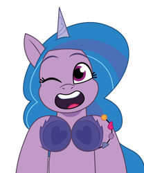 Size: 750x900 | Tagged: safe, artist:prixy05, izzy moonbow, pony, unicorn, g5, my little pony: tell your tale, bracelet, female, friendship bracelet, heart hands, hoof heart, horn, jewelry, looking at you, mare, one eye closed, open mouth, simple background, solo, transparent background, underhoof, vector, wink, winking at you