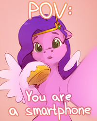 Size: 964x1207 | Tagged: safe, artist:itssim, pipp petals, pegasus, pony, g5, adorapipp, colored wings, commission, cute, diadem, eyebrows, female, hoof heart, jewelry, looking at you, mare, open mouth, orange background, regalia, simple background, solo, spread wings, text, that pony sure does love phones, underhoof, unshorn fetlocks, upside-down hoof heart, wings