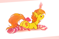 Size: 3093x2030 | Tagged: safe, artist:itssim, oc, oc only, oc:amber fossil, pony, unicorn, bow, butt, clothes, dock, female, glowing, glowing horn, high res, horn, lying down, magic, magic aura, mare, plot, prone, smiling, socks, solo, sploot, striped socks, tail, tail bow, telekinesis, unicorn oc