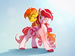 Size: 1690x1260 | Tagged: safe, artist:itssim, oc, oc only, oc:amber fossil, oc:itssim, earth pony, pony, unicorn, bow, clothes, duo, duo male and female, earth pony oc, female, freckles, horn, looking at each other, looking at someone, male, mare, open mouth, smiling, socks, stallion, striped socks, tail, tail bow, unicorn oc, unshorn fetlocks