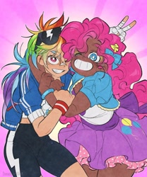 Size: 1080x1296 | Tagged: safe, artist:hazel_artist, kotobukiya, pinkie pie, rainbow dash, human, g4, dark skin, female, human coloration, humanized, kotobukiya pinkie pie, kotobukiya rainbow dash, lesbian, ship:pinkiedash, shipping