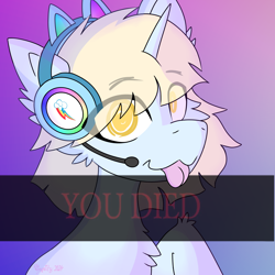 Size: 3072x3072 | Tagged: safe, artist:vinyvitz, derpibooru exclusive, oc, oc only, oc:aria taitava, unicorn, :p, abstract background, bust, cat ears, chest fluff, clipping, close-up, dark souls, ear fluff, female, gradient background, hair over one eye, headset, horn, looking at you, mlem, silly, solo, text, tongue out