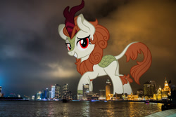 Size: 2048x1366 | Tagged: safe, artist:jhayarr23, edit, editor:jaredking779, autumn blaze, kirin, g4, alternate eye color, attack on pony, butt, china, female, giant kirin, giantess, grin, highrise ponies, irl, long description, looking at you, macro, photo, plot, ponies in real life, red eyes, shanghai, smiling, solo, story included, vulgar description, wrong eye color