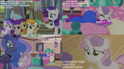 Size: 2000x1125 | Tagged: safe, edit, edited screencap, editor:quoterific, screencap, banana peel (g4), brown sugar, burnout (g4), lightning flare, mint flower, plum star, plumberry, princess luna, rarity, sweetie belle, titania, pony, for whom the sweetie belle toils, g4, season 4, 5-year-old sweetie belle, bed, cake, crying, food