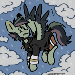 Size: 1527x1527 | Tagged: safe, artist:crashbrush, oc, oc only, pegasus, pony, clothes, cloud, colored wings, feathered wings, flying, hoodie, looking up, male, outdoors, rain, shorts, sky, solo, spread wings, stallion, three toned mane, two toned wings, wings