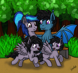 Size: 4855x4544 | Tagged: safe, artist:sroka001, oc, oc only, bat pony, pegasus, pony, family, forest background, grass, horn