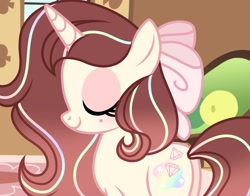 Size: 1559x1220 | Tagged: safe, artist:cstrawberrymilk, oc, oc only, oc:primrose evelyne, pony, unicorn, beauty mark, bow, butt, eyelashes, eyes closed, female, gradient mane, gradient tail, hair accessory, hair bow, horn, indoors, mane accessory, mare, pink coat, plot, profile, screencap background, smiling, solo, striped mane, striped tail, tail, unicorn horn