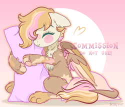 Size: 1920x1646 | Tagged: safe, artist:scarffist, oc, pony, base used, commission, cute, fluffy, hug, long tail, paws, pillow, pink background, short hair, short mane, simple background, tail, wings, ych result