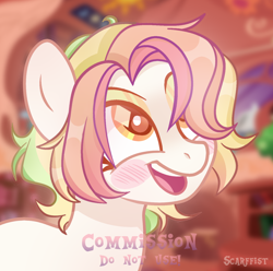 Size: 1920x1908 | Tagged: safe, artist:scarffist, oc, oc only, earth pony, pony, bust, commission, cream coat, cute, happy, multicolored hair, portrait, rainbow hair, short hair, short mane, yellow eyes