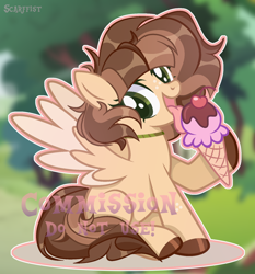 Size: 1920x2056 | Tagged: safe, artist:scarffist, oc, pegasus, pony, base used, commission, cute, eating, food, green eyes, happy, ice cream, short hair, short mane