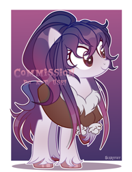 Size: 1920x2486 | Tagged: safe, artist:scarffist, oc, oc only, earth pony, pony, base used, commission, cute, gradient background, long hair, long mane, passepartout, purple mane, raised hoof, signature, smiling, solo, unshorn fetlocks, watermark