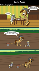 Size: 1920x3516 | Tagged: safe, artist:platinumdrop, derpy hooves, oc, oc:dusty hooves, comic:dusty acres, series:technoverse, g4, 3 panel comic, bag, comic, commission, dialogue, female, filly, foal, food, muffin, plow, seeds, speech bubble, younger