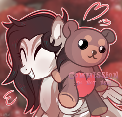 Size: 1920x1846 | Tagged: safe, artist:scarffist, oc, oc only, pegasus, pony, commission, cute, eyes closed, happy, heart, long hair, long mane, plushie, solo, teddy bear, toy, wings, ych result