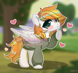 Size: 1581x1481 | Tagged: safe, artist:scarffist, oc, oc only, pegasus, pony, base used, clothes, commission, full body, green eyes, heart, orange mane, solo, ych result