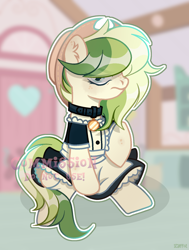 Size: 1920x2535 | Tagged: safe, artist:scarffist, oc, oc only, earth pony, pony, bell, bell collar, clothes, collar, commission, cream coat, cute, green mane, maid, solo, stockings, thigh highs, ych result