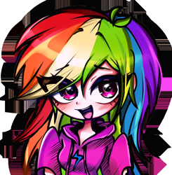 Size: 1350x1380 | Tagged: safe, artist:pulse, rainbow dash, human, equestria girls, g4, blushing, bust, clothes, eye clipping through hair, eyebrows, eyebrows visible through hair, female, hoodie, humanized, looking at you, multicolored hair, open mouth, open smile, rainbow hair, smiling, smiling at you, solo