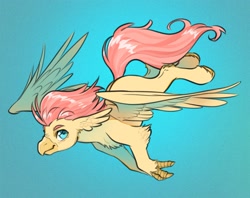 Size: 2100x1659 | Tagged: safe, artist:opalacorn, oc, oc only, oc:typhoon swirl, classical hippogriff, hippogriff, fanfic:set sail, blue background, claws, cyan eyes, flying, gradient background, male, not fluttershy, pink hair, pink tail, tail, yellow skin