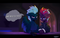 Size: 2691x1696 | Tagged: safe, artist:cmdrtempest, oc, oc only, oc:dark skroll, oc:tempest revenant, hippogriff, pony, unicorn, bar, clothes, duo, hoodie, horn, looking at you, smoking, sunset, talking