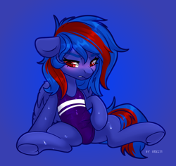 Size: 2104x1988 | Tagged: safe, artist:shelti, oc, oc only, oc:redline lightwing, pegasus, pony, blushing, clothes, one-piece swimsuit, pegasus oc, sitting, solo, spread legs, spreading, swimsuit