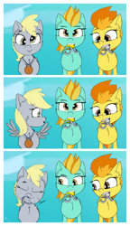 Size: 2300x3984 | Tagged: safe, artist:chopsticks, derpy hooves, lightning dust, spitfire, pegasus, pony, g4, parental glideance, 3 panel comic, cheek fluff, chest fluff, comic, cute, cutefire, derpabetes, derpy being derpy, dustabetes, ear fluff, eye clipping through hair, eyebrows, eyebrows visible through hair, female, filly, foal, head tilt, looking at you, medal, meme, mouth hold, nom, olympics, paris 2024, ponified, ponified meme, scene interpretation, sky, spread wings, stray strand, text, wing hands, wing hold, wings, younger