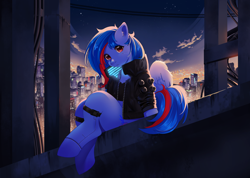 Size: 8426x5986 | Tagged: safe, artist:nyaleffu, oc, oc only, oc:redline lightwing, pegasus, pony, 2077, city, cityscape, clothes, cloud, cyberpunk, female, jacket, mare, science fiction, sky, solo