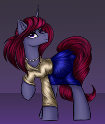 Size: 2244x2644 | Tagged: safe, artist:darklight1315, oc, oc only, oc:shard, pony, unicorn, fallout equestria, clothes, concept art, fallout equestria: mayday, horn, jewelry, necklace, pearl necklace, pre-war, skirt, solo