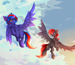 Size: 2600x2250 | Tagged: safe, artist:xiongmeow, oc, oc:redline lightwing, oc:rosetta hask, pegasus, pony, commission, flying