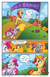 Size: 1496x2299 | Tagged: safe, artist:skysorbett, oc, oc only, oc:peach bubble, oc:sky sorbet, pegasus, pony, unicorn, comic:breaking free, comic, crowd, dragging, female, horn, mare, outdoors, speech bubble, talking