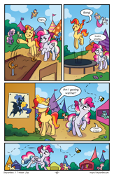 Size: 1496x2300 | Tagged: safe, artist:skysorbett, oc, oc only, oc:peach bubble, oc:sky sorbet, bee, insect, pegasus, pony, unicorn, comic:breaking free, comic, female, horn, horseshoes, jumping, mare, market, outdoors, speech bubble, talking, town, trampoline