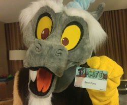 Size: 873x720 | Tagged: safe, artist:oodlezz, discord, draconequus, g4, 2016, bust, card, discord is best pony, fursuit, hotel, id card, irl, midwest furfest, photo, portrait