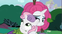 Size: 2568x1440 | Tagged: safe, screencap, rarity, sweetie belle, pony, unicorn, forever filly, g4, season 7, cute, female, flower costume, flowerity, horn, hug, sibling love, siblings, sisterly love, sisters