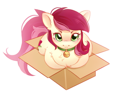 Size: 2706x2111 | Tagged: safe, artist:melodylibris, roseluck, earth pony, pony, g4, :<, behaving like a cat, blushing, box, cardboard box, chest fluff, collar, commission, commissioner:doom9454, cute, female, fluffy, front view, if i fits i sits, in a box, looking at you, lying down, mare, pet tag, pony in a box, pony pet, ponyloaf, prone, rosepet, simple background, solo, white background