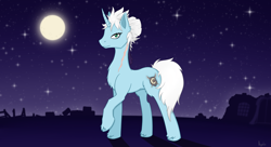 Size: 2650x1440 | Tagged: safe, artist:argent arms, oc, oc only, oc:argent arms, pony, unicorn, blue coat, colored, full moon, horn, moon, night, night sky, ruins, scar, sky, solo, stars, turquoise eyes, white mane